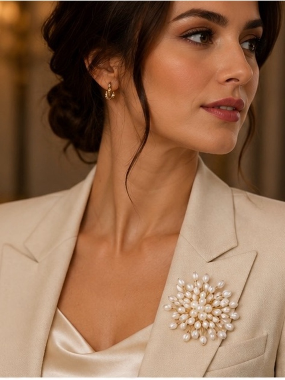 Anthropologie Pearl Cluster Brooch - Cream and Gold